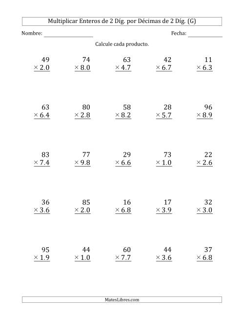La hoja de ejercicios de Multiplicar Enteros de 2 Díg. por Décimas de 2 Díg. (G)