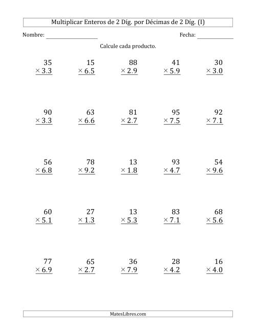 La hoja de ejercicios de Multiplicar Enteros de 2 Díg. por Décimas de 2 Díg. (I)