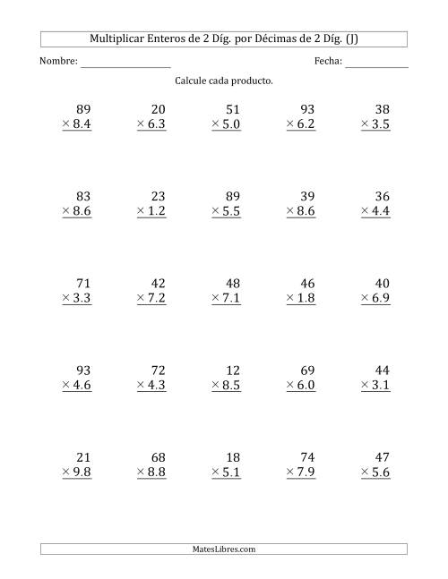 La hoja de ejercicios de Multiplicar Enteros de 2 Díg. por Décimas de 2 Díg. (J)