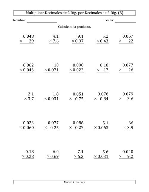 La hoja de ejercicios de Multiplicar Decimales de 2 Díg. por Decimales de 2 Díg. (B)
