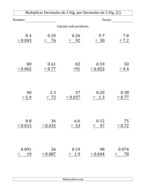 La hoja de ejercicios de Multiplicar Decimales de 2 Díg. por Decimales de 2 Díg. (C)