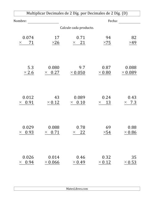 La hoja de ejercicios de Multiplicar Decimales de 2 Díg. por Decimales de 2 Díg. (D)