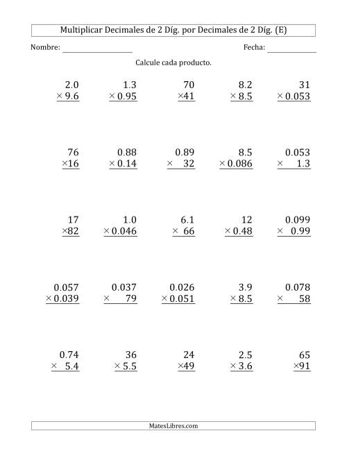 La hoja de ejercicios de Multiplicar Decimales de 2 Díg. por Decimales de 2 Díg. (E)