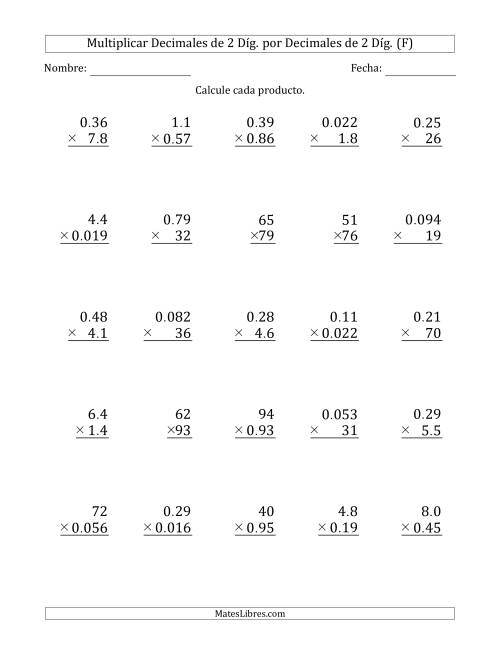 La hoja de ejercicios de Multiplicar Decimales de 2 Díg. por Decimales de 2 Díg. (F)