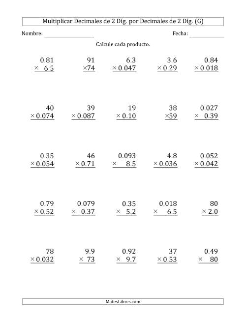 La hoja de ejercicios de Multiplicar Decimales de 2 Díg. por Decimales de 2 Díg. (G)