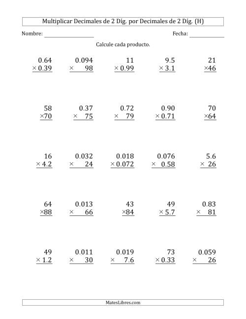 La hoja de ejercicios de Multiplicar Decimales de 2 Díg. por Decimales de 2 Díg. (H)