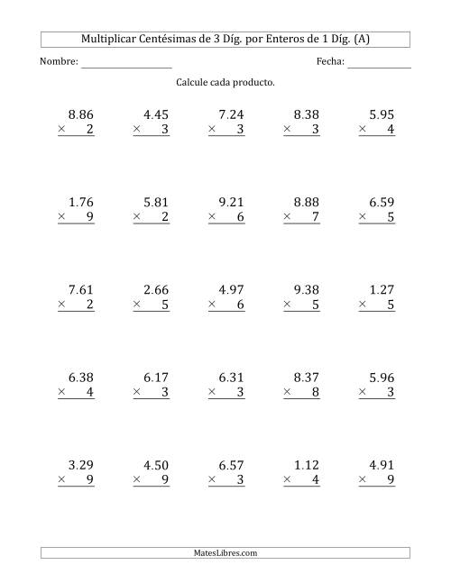 La hoja de ejercicios de Multiplicar Centésimas de 3 Díg. por Enteros de 1 Díg. (A)