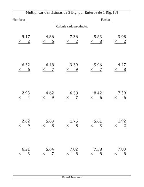 La hoja de ejercicios de Multiplicar Centésimas de 3 Díg. por Enteros de 1 Díg. (B)