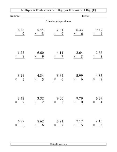 La hoja de ejercicios de Multiplicar Centésimas de 3 Díg. por Enteros de 1 Díg. (C)