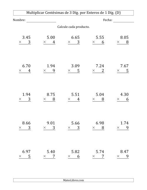 La hoja de ejercicios de Multiplicar Centésimas de 3 Díg. por Enteros de 1 Díg. (D)