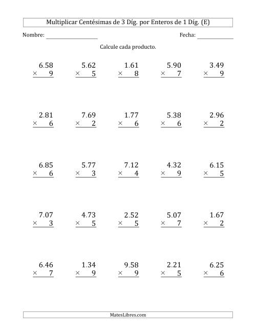 La hoja de ejercicios de Multiplicar Centésimas de 3 Díg. por Enteros de 1 Díg. (E)