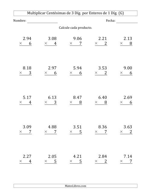 La hoja de ejercicios de Multiplicar Centésimas de 3 Díg. por Enteros de 1 Díg. (G)