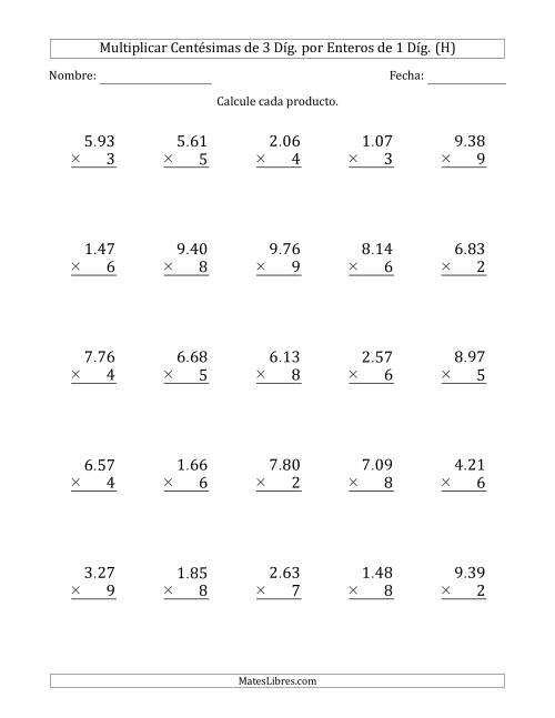 La hoja de ejercicios de Multiplicar Centésimas de 3 Díg. por Enteros de 1 Díg. (H)