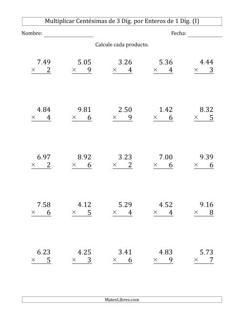 La hoja de ejercicios de Multiplicar Centésimas de 3 Díg. por Enteros de 1 Díg. (I)