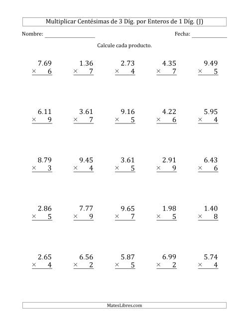 La hoja de ejercicios de Multiplicar Centésimas de 3 Díg. por Enteros de 1 Díg. (J)