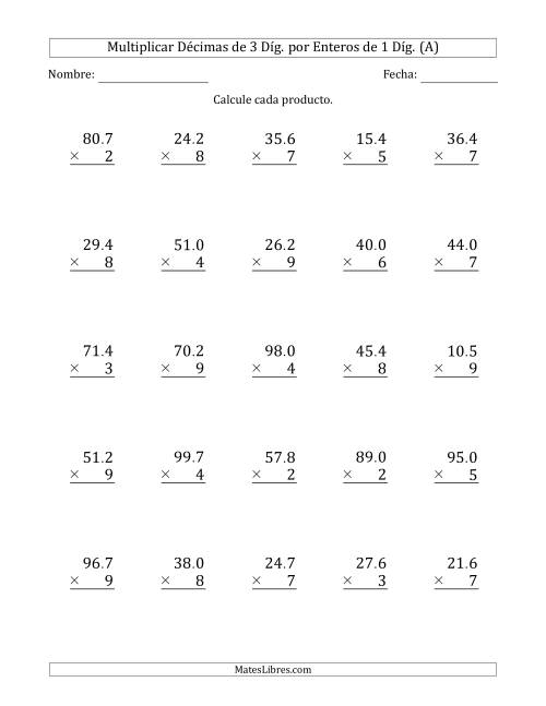 La hoja de ejercicios de Multiplicar Décimas de 3 Díg. por Enteros de 1 Díg. (A)
