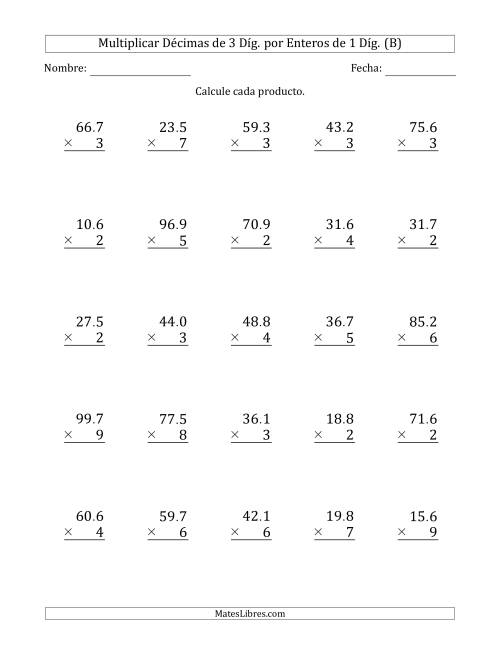 La hoja de ejercicios de Multiplicar Décimas de 3 Díg. por Enteros de 1 Díg. (B)