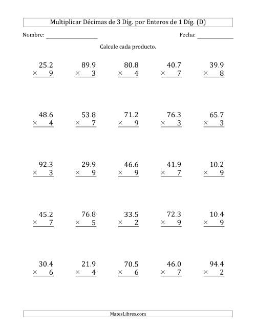 La hoja de ejercicios de Multiplicar Décimas de 3 Díg. por Enteros de 1 Díg. (D)