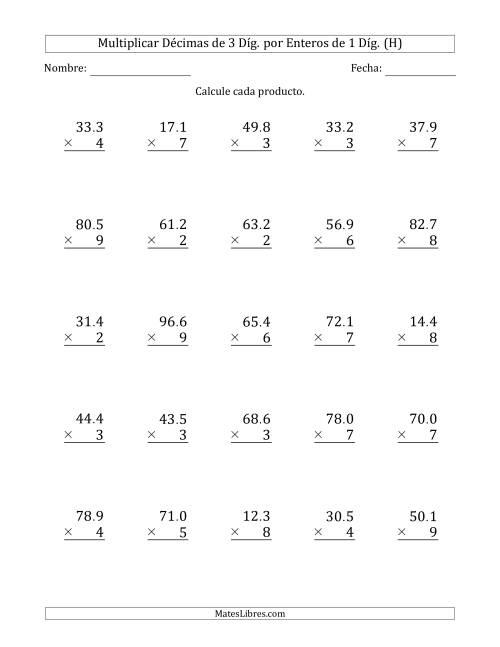 La hoja de ejercicios de Multiplicar Décimas de 3 Díg. por Enteros de 1 Díg. (H)