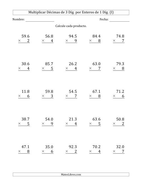 La hoja de ejercicios de Multiplicar Décimas de 3 Díg. por Enteros de 1 Díg. (I)