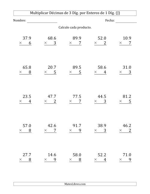 La hoja de ejercicios de Multiplicar Décimas de 3 Díg. por Enteros de 1 Díg. (J)