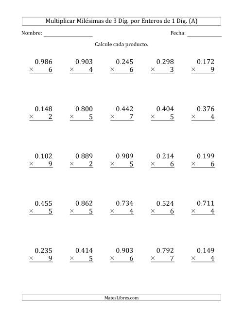 La hoja de ejercicios de Multiplicar Milésimas de 3 Díg. por Enteros de 1 Díg. (A)