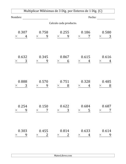La hoja de ejercicios de Multiplicar Milésimas de 3 Díg. por Enteros de 1 Díg. (C)
