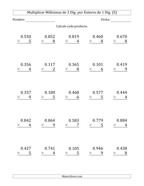 La hoja de ejercicios de Multiplicar Milésimas de 3 Díg. por Enteros de 1 Díg. (E)