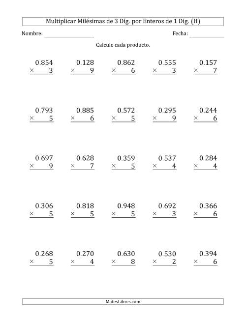 La hoja de ejercicios de Multiplicar Milésimas de 3 Díg. por Enteros de 1 Díg. (H)
