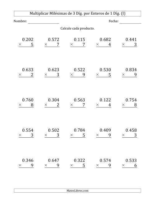 La hoja de ejercicios de Multiplicar Milésimas de 3 Díg. por Enteros de 1 Díg. (I)