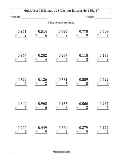 La hoja de ejercicios de Multiplicar Milésimas de 3 Díg. por Enteros de 1 Díg. (J)