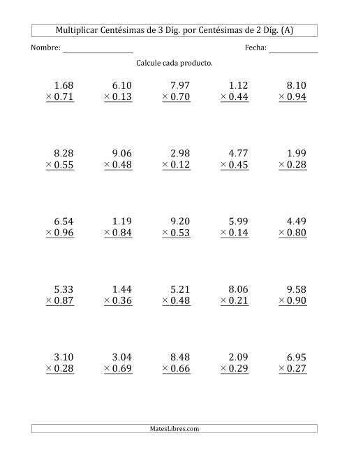 La hoja de ejercicios de Multiplicar Centésimas de 3 Díg. por Centésimas de 2 Díg. (A)