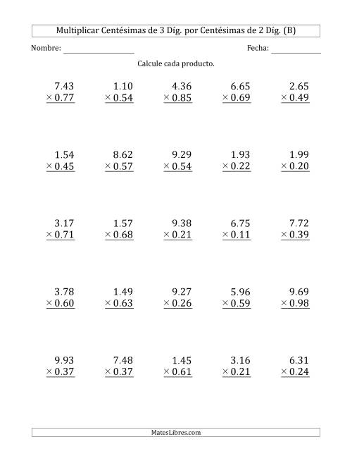 La hoja de ejercicios de Multiplicar Centésimas de 3 Díg. por Centésimas de 2 Díg. (B)
