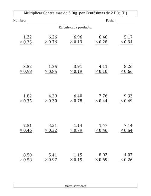 La hoja de ejercicios de Multiplicar Centésimas de 3 Díg. por Centésimas de 2 Díg. (D)