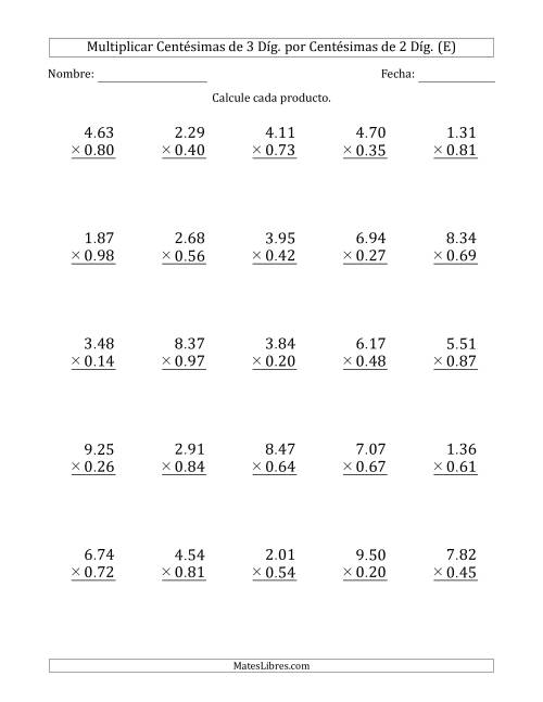 La hoja de ejercicios de Multiplicar Centésimas de 3 Díg. por Centésimas de 2 Díg. (E)