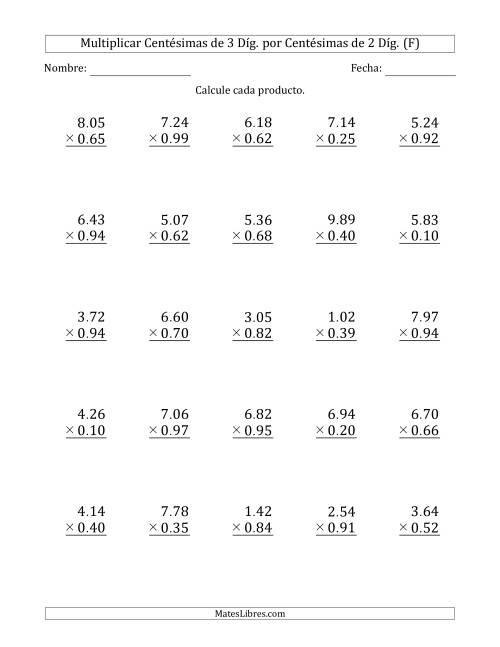 La hoja de ejercicios de Multiplicar Centésimas de 3 Díg. por Centésimas de 2 Díg. (F)