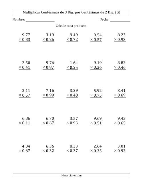 La hoja de ejercicios de Multiplicar Centésimas de 3 Díg. por Centésimas de 2 Díg. (G)