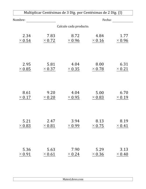 La hoja de ejercicios de Multiplicar Centésimas de 3 Díg. por Centésimas de 2 Díg. (I)