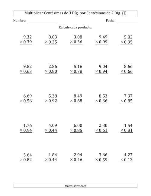 La hoja de ejercicios de Multiplicar Centésimas de 3 Díg. por Centésimas de 2 Díg. (J)