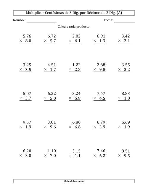 La hoja de ejercicios de Multiplicar Centésimas de 3 Díg. por Décimas de 2 Díg. (A)