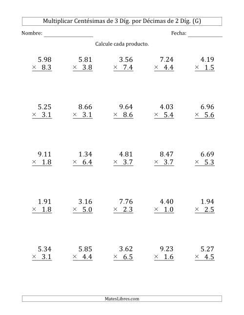 La hoja de ejercicios de Multiplicar Centésimas de 3 Díg. por Décimas de 2 Díg. (G)