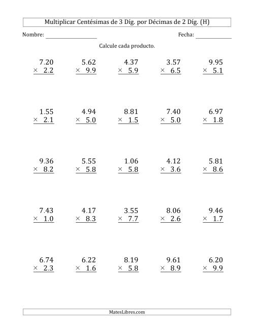 La hoja de ejercicios de Multiplicar Centésimas de 3 Díg. por Décimas de 2 Díg. (H)