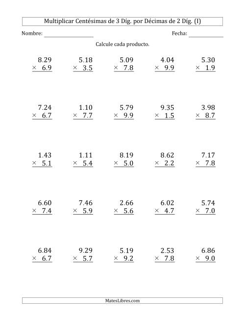 La hoja de ejercicios de Multiplicar Centésimas de 3 Díg. por Décimas de 2 Díg. (I)