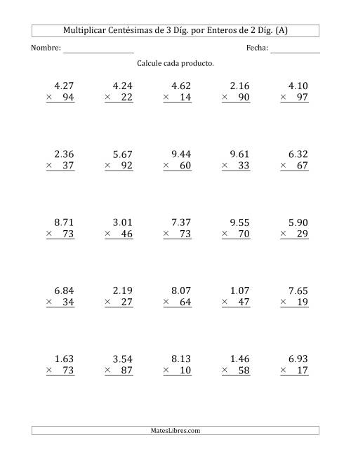 La hoja de ejercicios de Multiplicar Centésimas de 3 Díg. por Enteros de 2 Díg. (A)