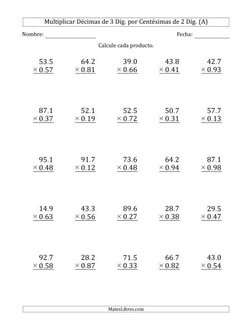 La hoja de ejercicios de Multiplicar Décimas de 3 Díg. por Centésimas de 2 Díg. (A)