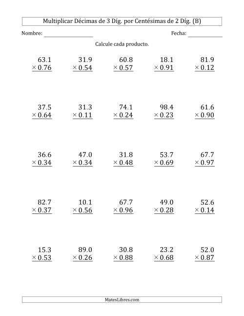 La hoja de ejercicios de Multiplicar Décimas de 3 Díg. por Centésimas de 2 Díg. (B)