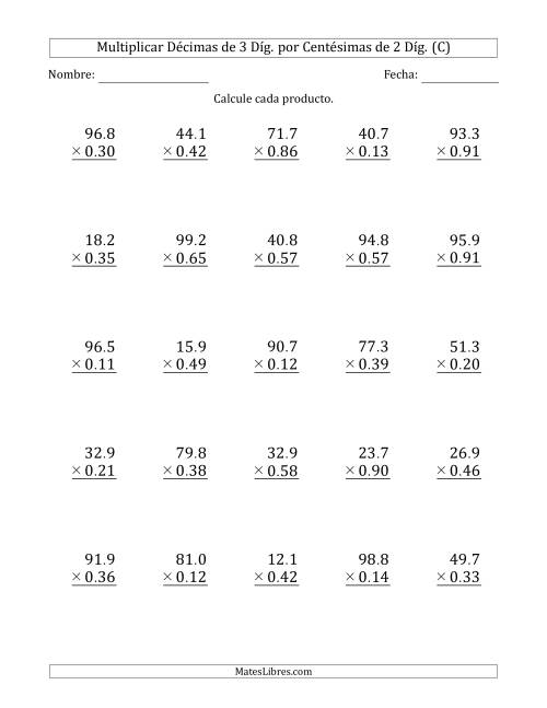 La hoja de ejercicios de Multiplicar Décimas de 3 Díg. por Centésimas de 2 Díg. (C)