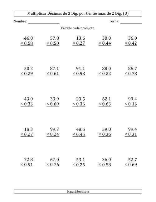 La hoja de ejercicios de Multiplicar Décimas de 3 Díg. por Centésimas de 2 Díg. (D)