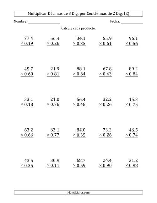 La hoja de ejercicios de Multiplicar Décimas de 3 Díg. por Centésimas de 2 Díg. (E)