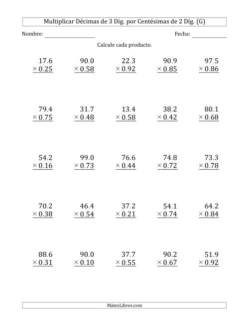 La hoja de ejercicios de Multiplicar Décimas de 3 Díg. por Centésimas de 2 Díg. (G)